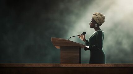 African American woman giving a speech on a podium - obrazy, fototapety, plakaty