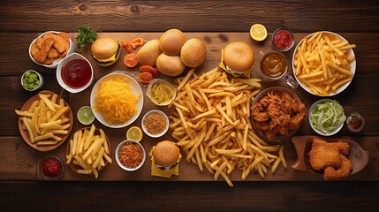 fast food on a wooden table flat lay