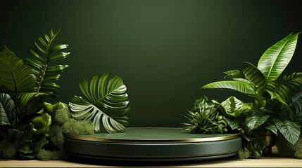 Obraz premium podium product stand or display with leaf, green background and cinematic light