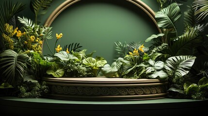 podium product stand or display with leaf, green background and cinematic light