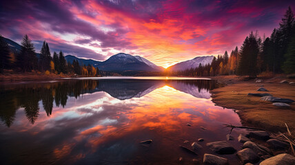 A vibrant sunset over a serene mountain lake, reflecting the warm hues of the sky