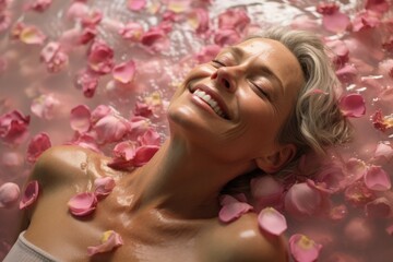 Obraz na płótnie Canvas Mature woman enjoying an aromatic spa day, surrounded by rose petals.