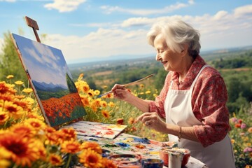 Senior woman artist painting a bright landscape on canvas.