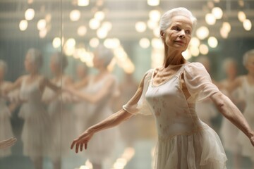 Senior woman dancing gracefully in a ballet studio, mirror reflections.