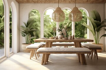 Whitewashed sustainable dining room with window, bamboo ceiling, table, chairs, plants, ceramic floor. Eco-friendly interior design. Generative AI - obrazy, fototapety, plakaty