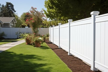 White vinyl fence surrounds private property. Generative AI - obrazy, fototapety, plakaty