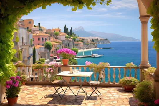 View of the sea and the old town. Terrace overlooking the sea and the Mediterranean city. Photo wallpapers, Wallpaper for the living room, Generative AI
