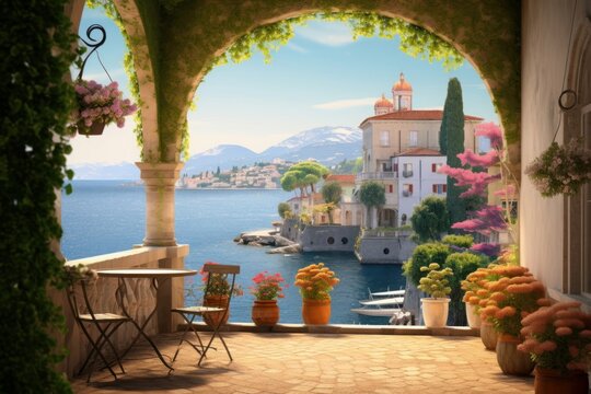 View of the sea and the old town. Terrace overlooking the sea and the Mediterranean city. Photo wallpapers, Wallpaper for the living room, Generative AI