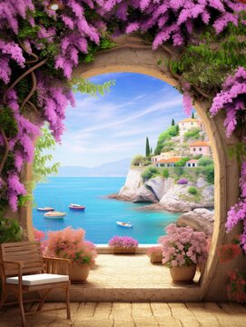 Lilac arch with a view of the embankment. Mediterranean landscape. Photo wallpapers. Wallpaper on the wall, Generative AI