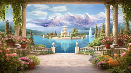 Beautiful view of the lake and mountains from the blooming garden. Digital collage. Wallpaper. Poster design. Gazebo with a fountain, Generative AI - obrazy, fototapety, plakaty