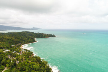 Aerial view sea beach wave on tropical sea island
