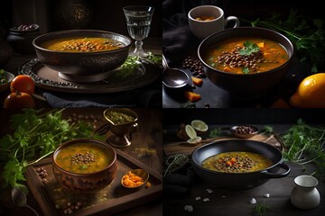 Lentils Soup, Lentil Meal in Bowl, Red Tomato Creamy Lentils Soup, Abstract Generative AI Illustration