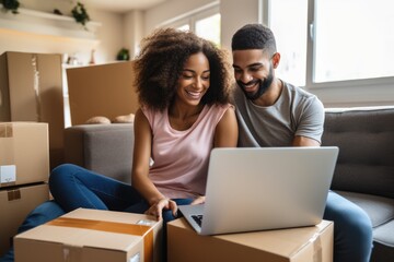 young couple with laptop in room with unpacked cardboard boxes after moving to a new house