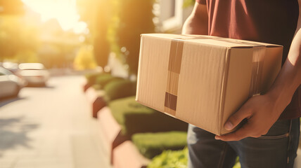 Close-up detail of courier holding a cardboard box, delivering outside a suburban home.