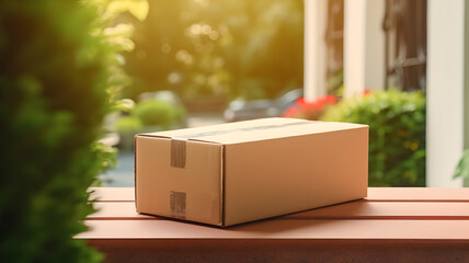 Cardboard box delivered on a sunny doorstep, awaiting pickup. - obrazy, fototapety, plakaty