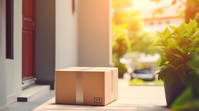 Cardboard box delivered on a sunny doorstep, awaiting pickup.