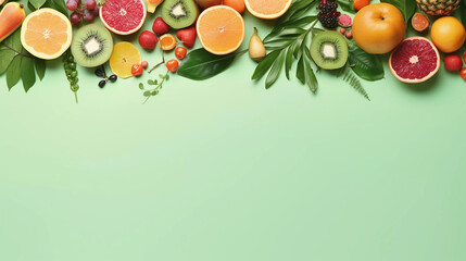 frame of healthy fruit on a green background flat lay - obrazy, fototapety, plakaty