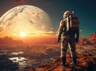 Beautiful astronaut stand in in a desert on a different planet. Generative AI