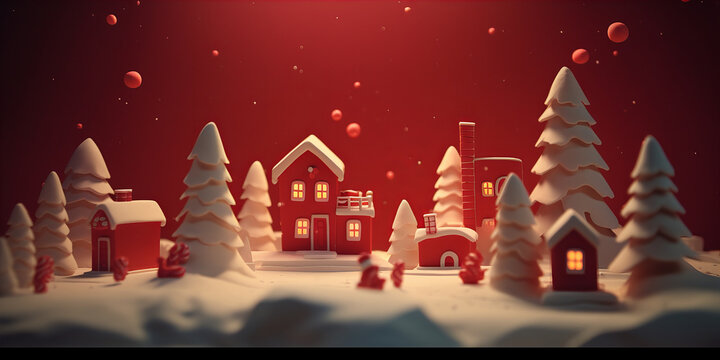 christmas trees in the snow in a village claymation style
