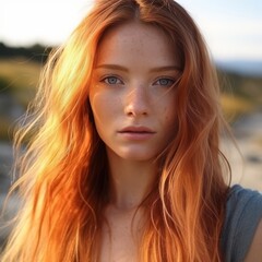 Portrait of a beautiful red-haired girl with freckles on her face