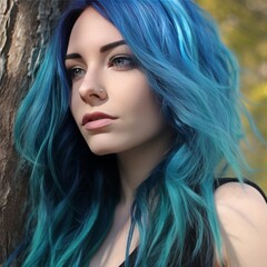 Fototapeta premium Portrait of a beautiful young woman with blue hair in the park