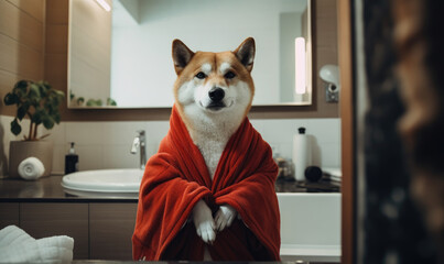 Cozy bathroom scene with a Shiba Inu in a red bathrobe.