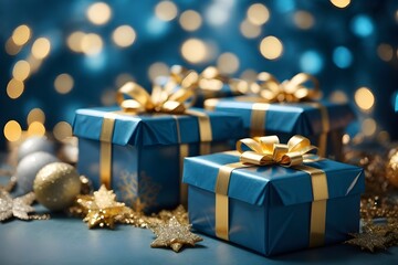 Fototapeta na wymiar Christmas gift box with Christmas decorations. Blue gift box with gold ribbon. Generative AI.