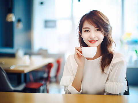 カフェでカップを持つ笑顔の女性