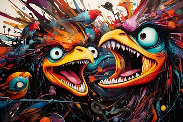 A vibrant image with furious, birdlike characters. Generative AI
