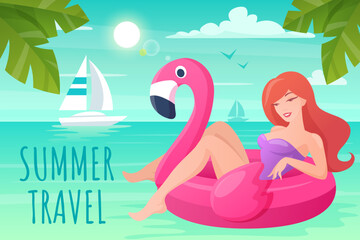 Beautiful woman swims on an inflatable flamingo. Summer travel banner design. Vector illustration