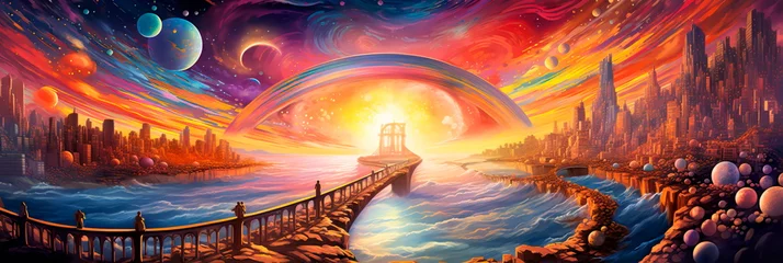 Fotobehang surreal watercolor-like bridge composed of vibrant rainbows that connect two fantastical worlds. © Maximusdn