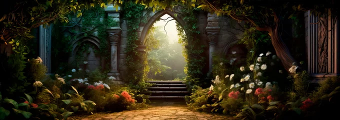 Tuinposter garden hidden behind an ivy-covered wall, with a wrought-iron gate, a variety of exotic flowers, and a magical, mystical ambiance. © Maximusdn