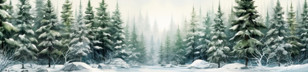dense evergreen forest blanketed in fresh snow, with varying shades of green, gray, and white.