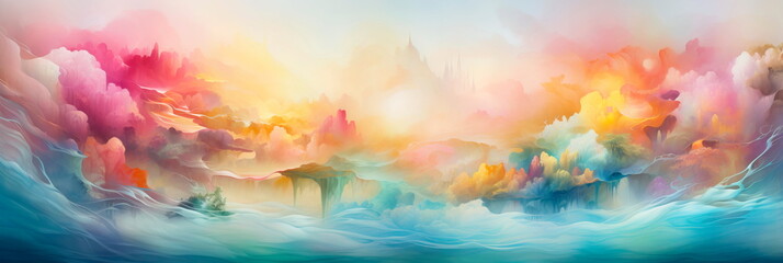 watercolor interpretation of a surreal dreamscape, a whimsical and mysterious atmosphere.