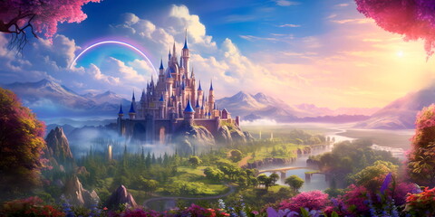 Bring the enchantment of classic fairytales to life with a watercolor backdrop featuring castles, mythical creatures, and dreamlike landscapes. - obrazy, fototapety, plakaty