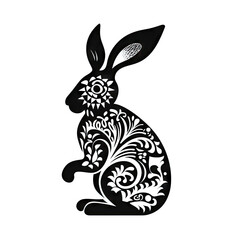 Ornate Rabbit Isolated, Bunny Icon, Hare Drawing, Chinese Zodiac 2023 Symbol, Rabbit Silhouette