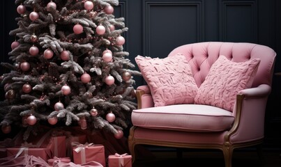modern pink armchair with carriage tie and fluffy pink Christmas tree with gifts under it