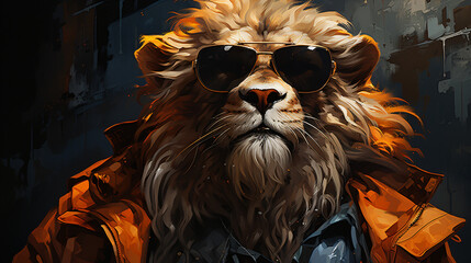 portrait funny lion king wearing sunglasses and windbreaker - obrazy, fototapety, plakaty