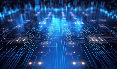 Technology circuit board background illuminated by blue light. Generative AI
