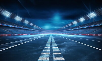 Asphalt racing track finish line and illuminated race sport stadium at night. Professional digital 3d illustration of racing sports, Generative AI - obrazy, fototapety, plakaty
