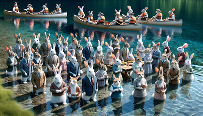 An extraordinary moment where a group of rabbits, in human attire, gather for a picnic standing in the river,  Some rabbits wearing suits. Some rabbits are rowing boats 