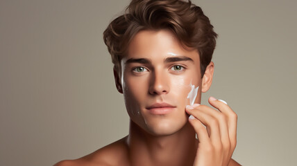 Portrait of a handsome and youthful man trying a new beauty product on his face, Generative AI