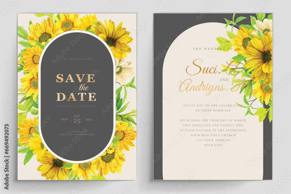 Wall mural wedding and invitation card with sunflower illustration