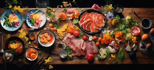 a table full of plates of food with chickens, ham and fish, in the style of colorful composition, aerial view, japanese, rustic still lifes, exotic, vibrant, reduced palette