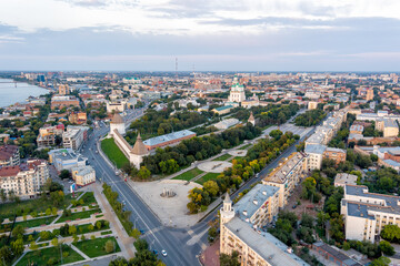 Astrakhan, Russia. Astrakhan Kremlin. Panorama of the city from the air in summer. Sunset time. Aerial view