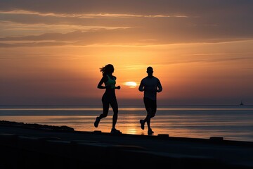 Couple Runners Silhouette, Athlete Running in Morning Dusk at Coast, Generative AI Illustration