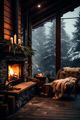 living room with fireplace and Christmas tree