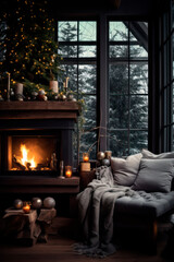 living room with fireplace and Christmas tree