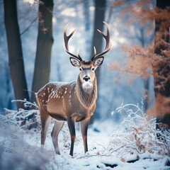 Naklejka na ściany i meble Noble male deer in winter snowy forest. Winter Christmas landscape.