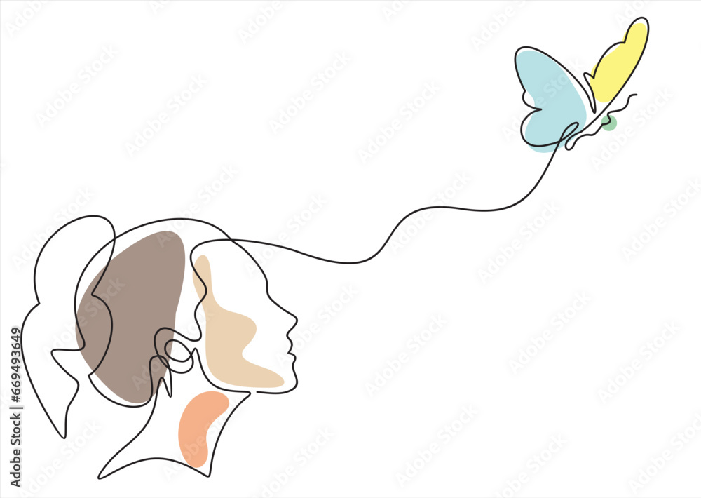 Poster abstract face with butterfly one line drawing. portrait minimalistic style. surreal faces continuous